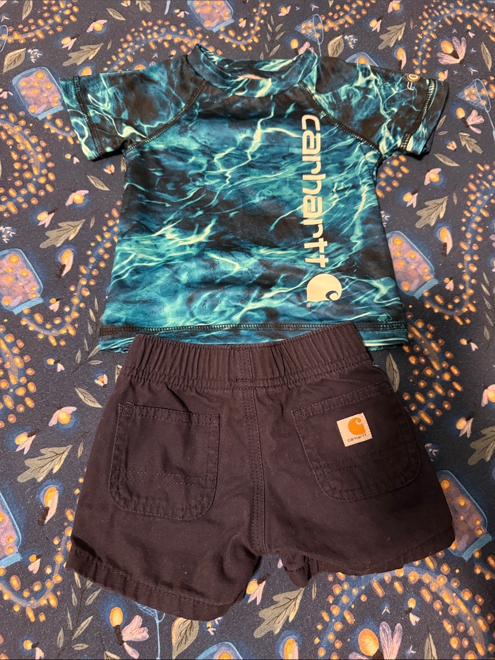 Carhartt Kids Black Shorts with Teal Wave Rash Guard Set